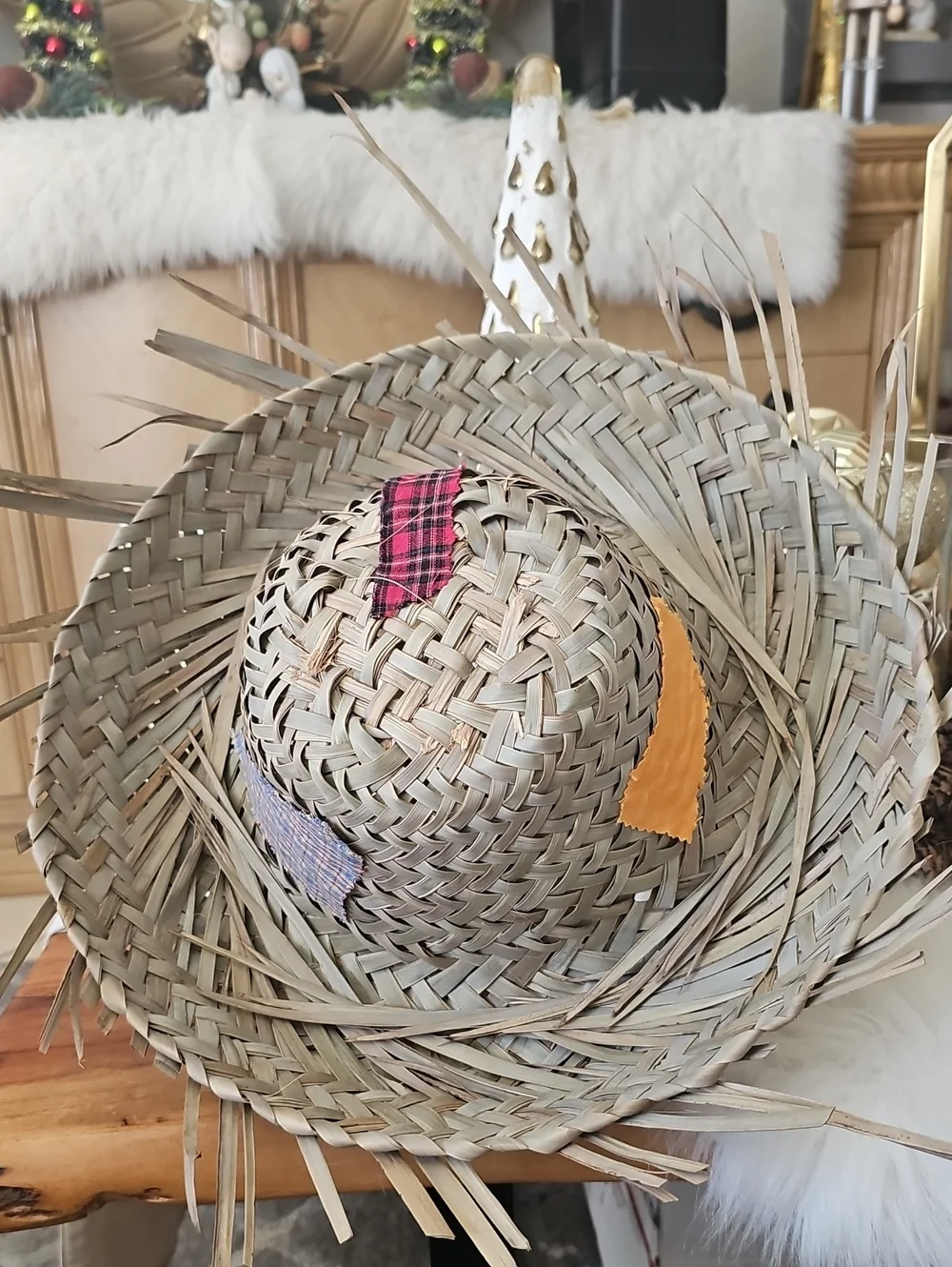 Straw Patchwork Sun Hat - Natural with Orange Blue & Red Plaid For Men And Women
